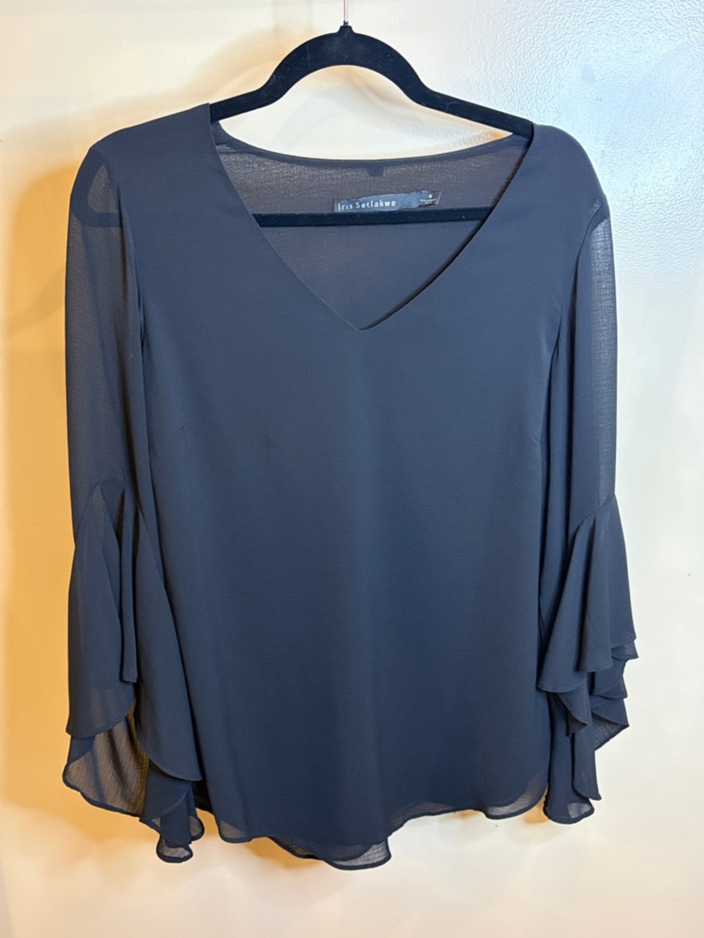 Iris Setlakwe Navy V-Neck Ruffle Sleeve Blouse